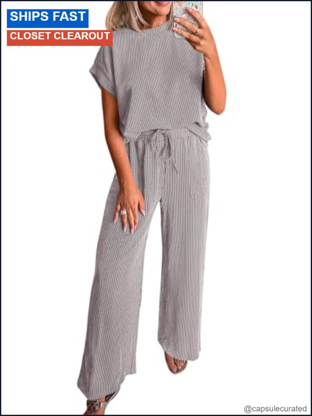 Womens 2 Piece Lounge Set Ribbed Knit Short Sleeve Top Wide Leg Pants